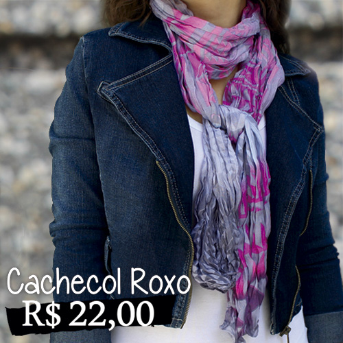 Cachecol Roxo - Cachecol em tons de degradé roxo, rosa e cinza, formando desenhos abstratos. 
