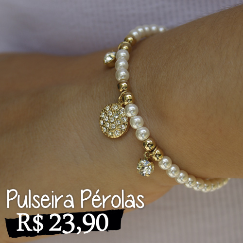 Pulseira Pérolas - Bracelete de pérolas pequenas com detalhes de pingente em strass. Delicada e feminina ideal para looks do dia-a-dia.